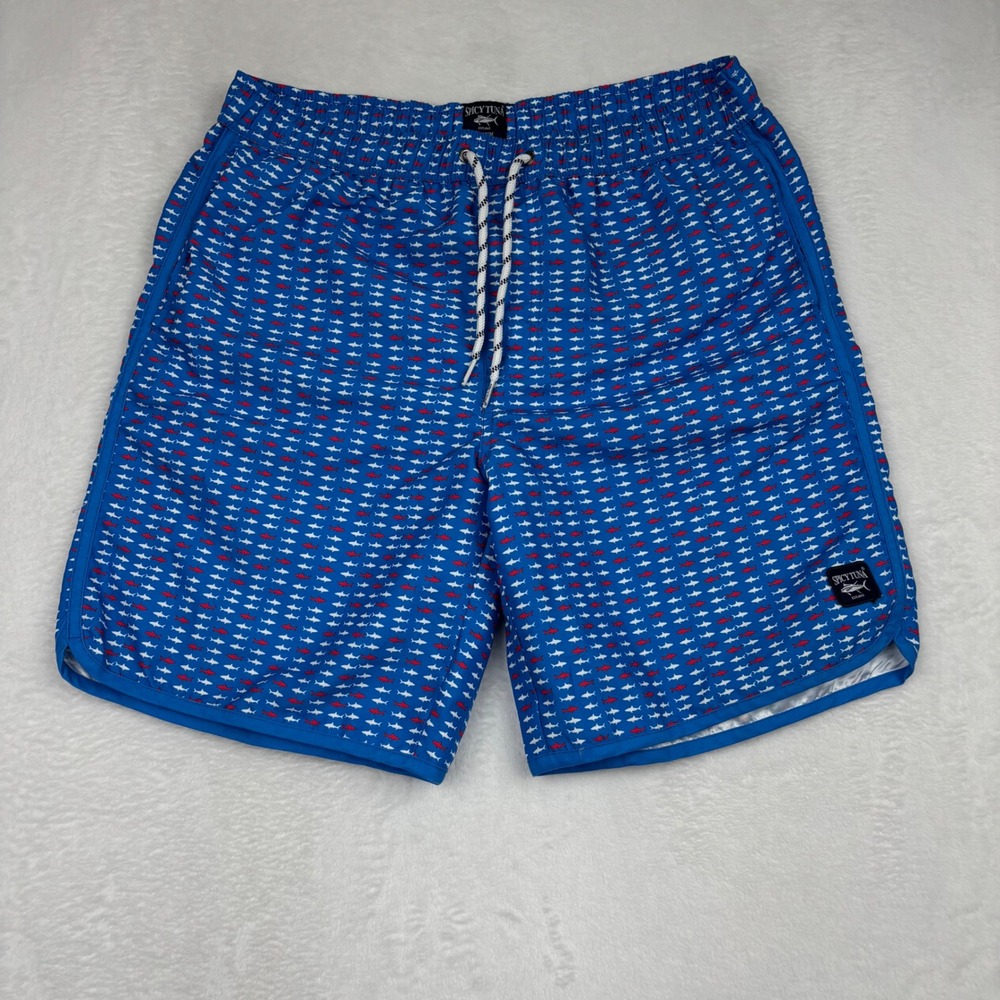 Spicy Tuna Mens Blue Shark Print Swim Trunks Board Shorts Medium CA5-9